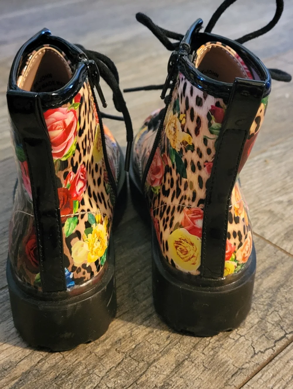 Betsey Johnson BK-JOHN Leopard Floral Combat Boots Lace Up Chunky Lug Sole NEW